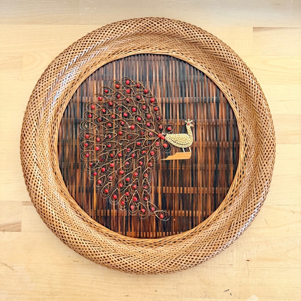 Vintage 70s Wicker Peacock Wall Hanging 14" - Boho Rattan & Cane Folk Art